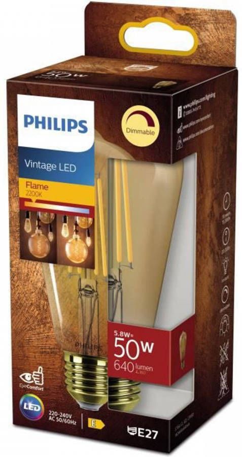 Philips LED Lamp Edison Vintage Filament E27 50W Helder Amber Compatibel met dimmer Glas