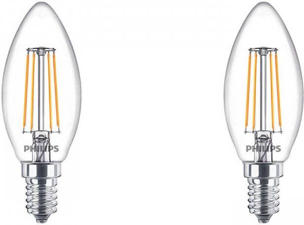 Philips LED Lamp Filament Set 2 Stuks Classic LEDCandle 827 B35 CL E14 Fitting 4.3W Warm Wit 2700K