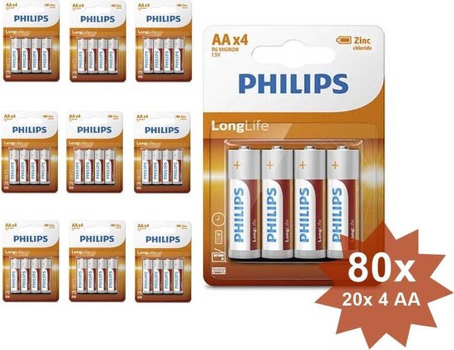 Philips Longlife Zinc AA R6 alkalinebatterij 80 Stuks (20 Blisters a 4St)