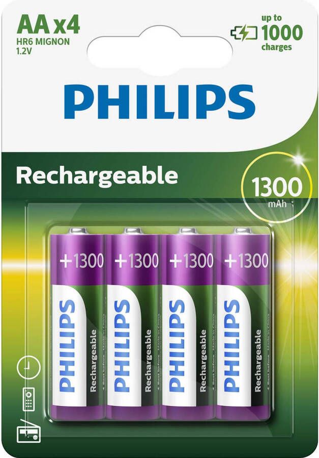 Philips Oplaadbare Batterijen AA 4 Stuks NiMH 1300 mAh tot 1000 Keer Oplaadbaar