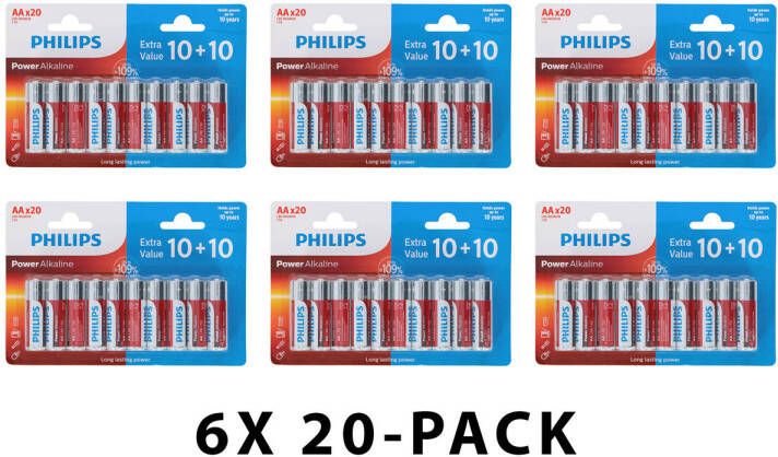 Philips Power Alkaline batterijen LR6 AA formaat 1.5V Voordeelverpakking 120 stuks