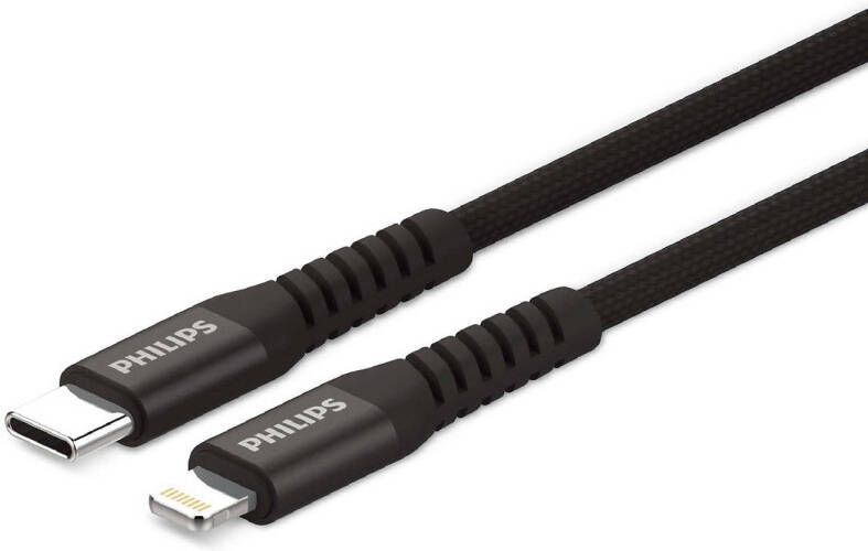 Philips USB Kabel 3.0 USB-C Lightning Compatibel met iPhone Lengte 1 2 Meter Zwart Nylon