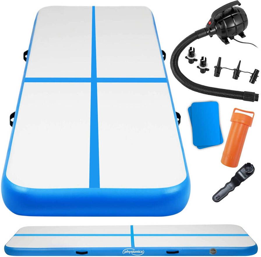 Physionics Opblaasbare PVC gym mat Blauw 5 meter met elektrische luchtpomp gymnastiekmat trainingsmat fitnessmat