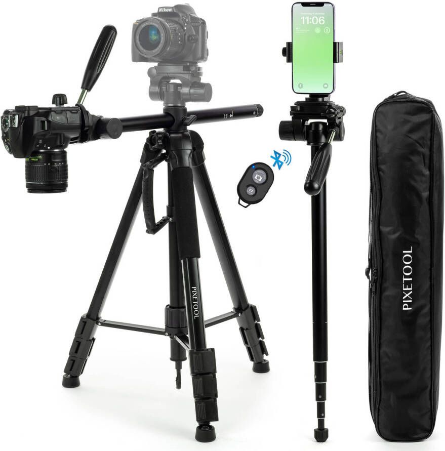 Pixetool Camera en Telefoon Statief 180cm Tripod Statief met Smartphone Houder -Universeel Horizontaal Zwart