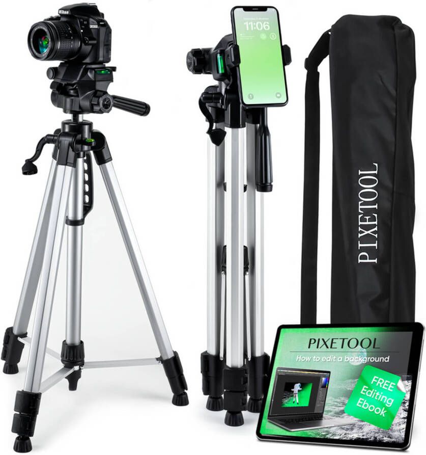 Pixetool Universeel Camera en Telefoon Statief 170cm Spiegelreflex Incl. Smartphone Houder Smartphone Statief Tr