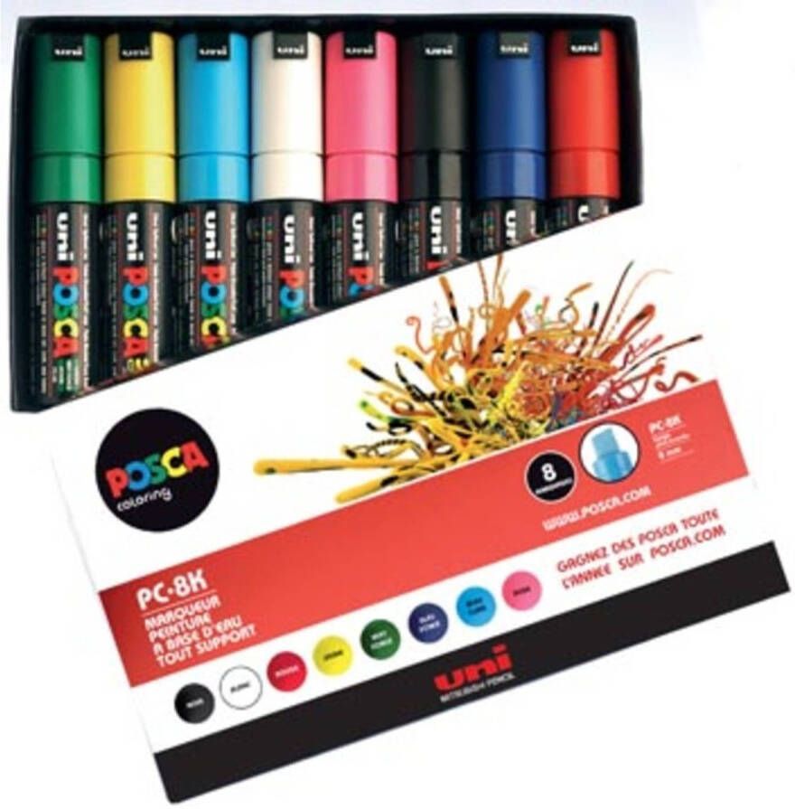 Posca uni-ball Paint Marker op waterbasis PC-8K doos van 8 stuks in geassorteerde kleuren