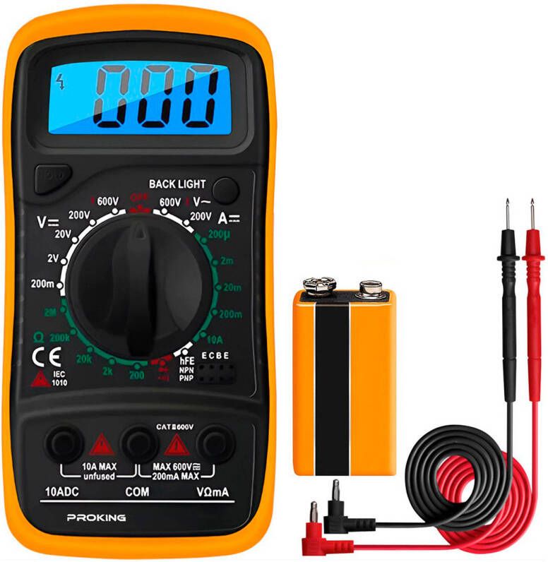 PROKING Digitale Multimeter AC DC Incl. 9V Batterij Klemtangen Opberghoes Multi Meter