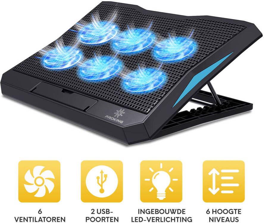 PROKING Laptop Koeler Cooler Laptop standaard Laptopverhoger 6 ventilatoren Ergonomisch 10-17 inch