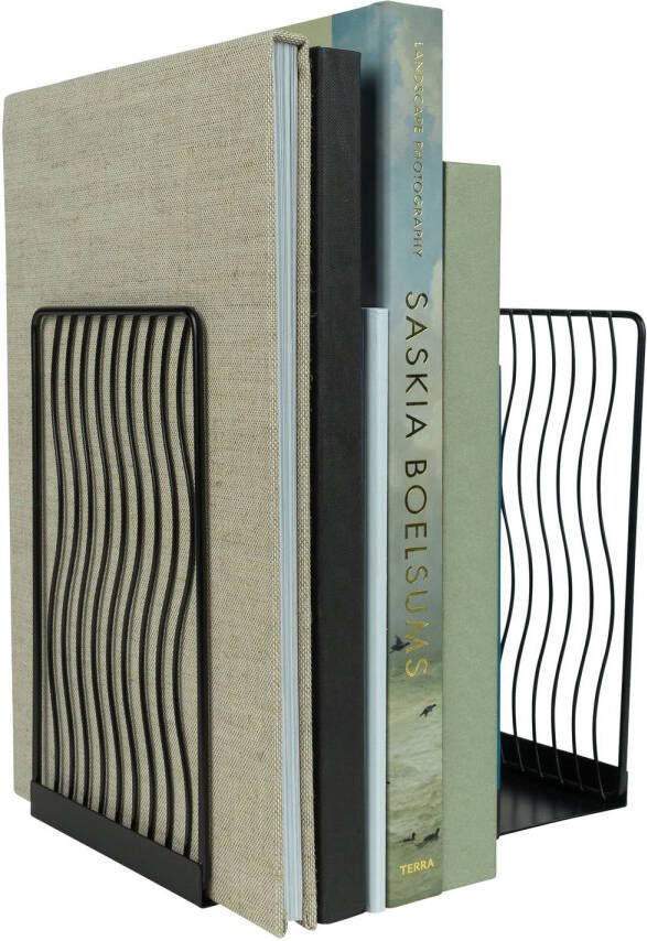 QUVIO Boekensteun golvend design Boekenhouder Boekenstandaard Boekenrek Boeksteun Tijdschriftenhouder Set van 2 stuks Staal Zwart