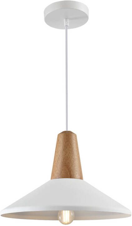 QUVIO Hanglamp modern Plafondlamp Sfeerlamp Leeslamp Eettafellamp Verlichting Slaapkamer lamp Slaapkamer verlichting Keukenverlichting Keukenlamp Hoedvorm met hout Diameter 35 cm Wit en bruin