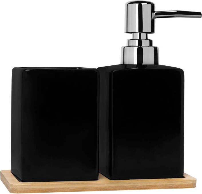 QUVIO Zeepdispenser met tandenborstelbeker + houten onderzetter Zwart