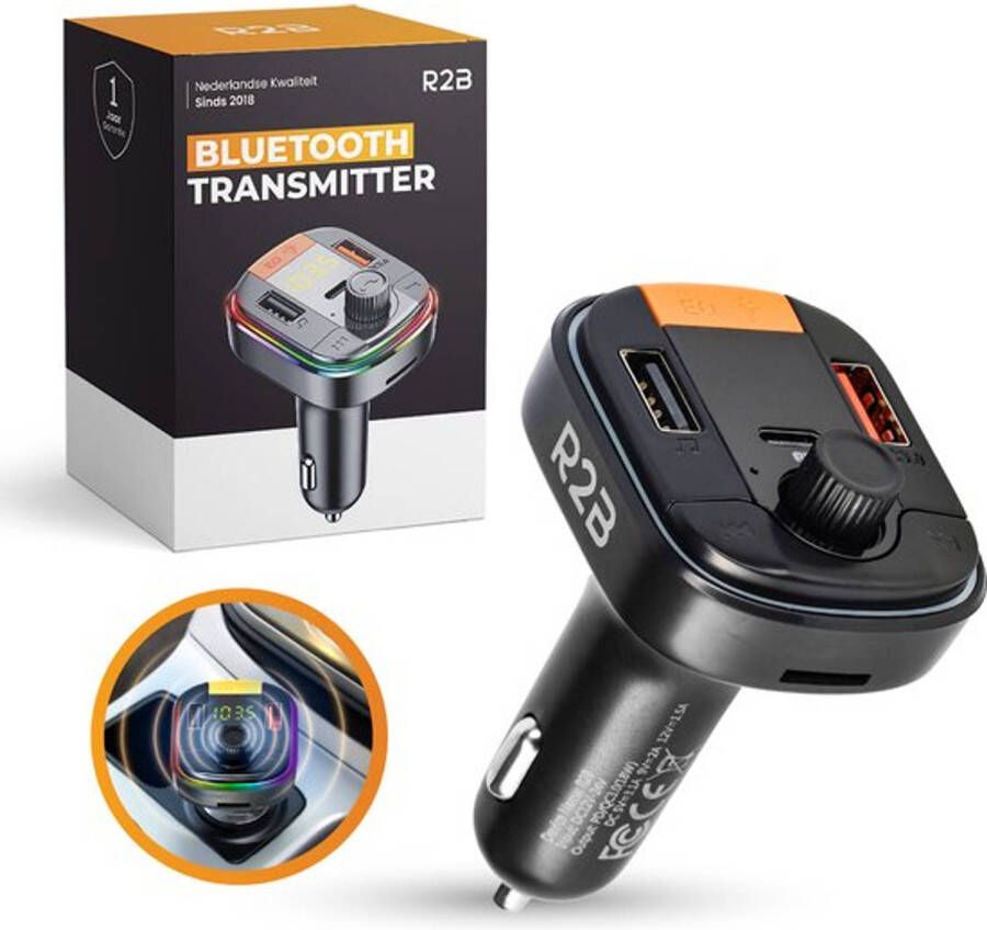 R2B Bluetooth FM Transmitter Auto Autolader Carkit Receiver Met USB C en USB A & Micro SD Poort