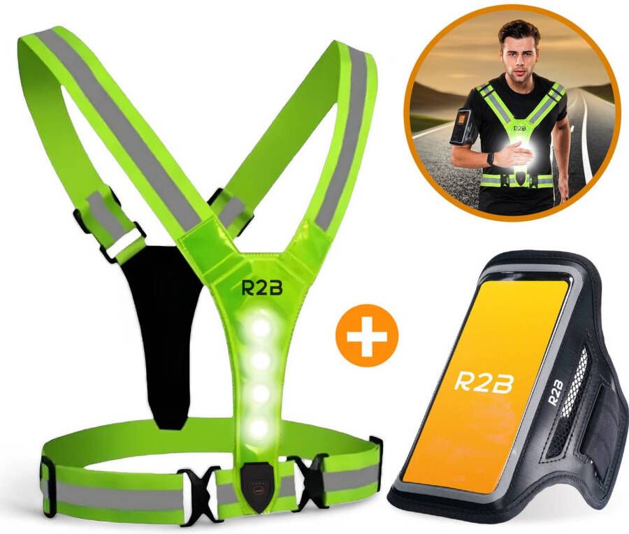 R2B Waterdichte Hardloop Telefoonhouder t m 6.5 inch + Hardloopvest met Verlichting Oplaadbaar Hardloop Verlichting