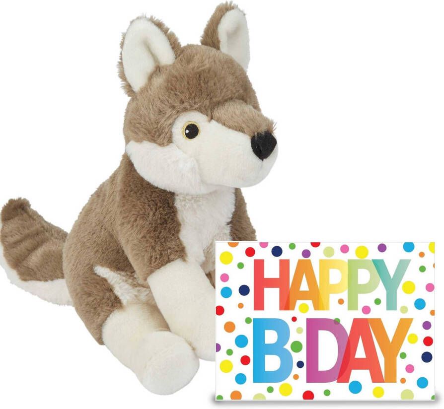 Ravensden Verjaardag cadeau wolf 23 cm met XL Happy Birthday wenskaart Knuffeldier