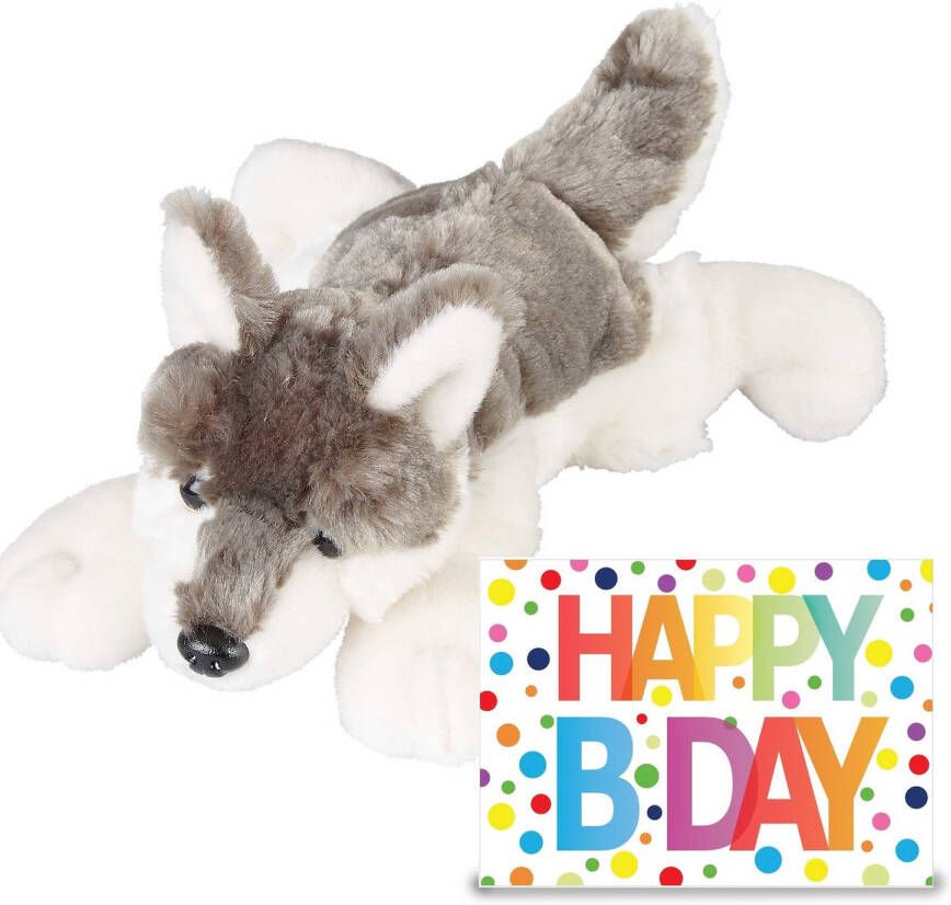 Ravensden Verjaardag cadeau wolf 25 cm met XL Happy Birthday wenskaart Knuffeldier