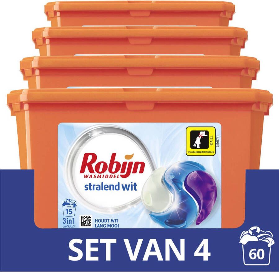 Robijn Stralend Wit 3 in 1 wascapsules 4 x 15 wasbeurten voordeelverpakking 60 wasbeurten