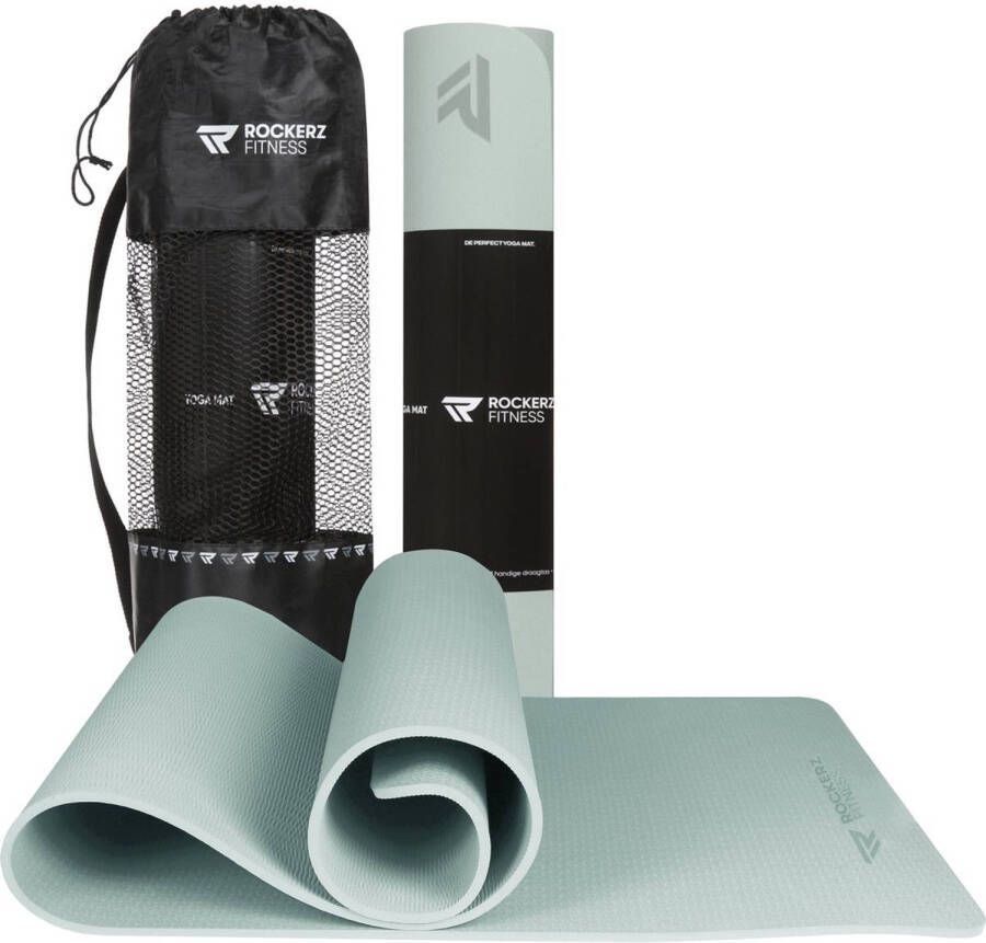 ROCKERZ FITNESS Yoga mat Fitness mat lichtblauw Yogamat anti slip & eco Extra Dik Duurzaam TPE materiaal Incl Draagtas