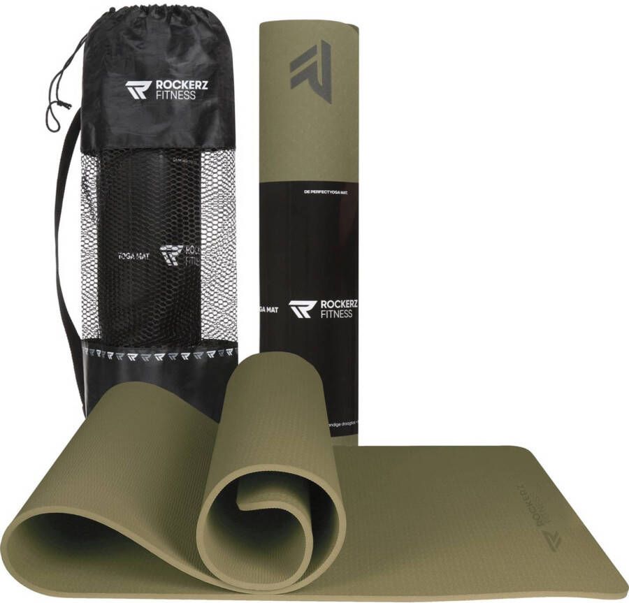 ROCKERZ FITNESS Yoga mat Fitness mat olijfgroen Yogamat anti slip & eco Extra Dik Duurzaam TPE materiaal Incl Draagtas