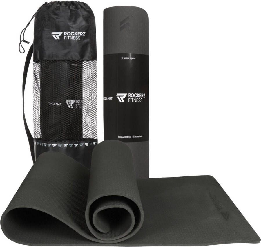 ROCKERZ FITNESS Yoga mat Fitness mat zwart Sport mat Yogamat anti slip & eco Extra Dik Duurzaam TPE materiaal Incl Draagtas