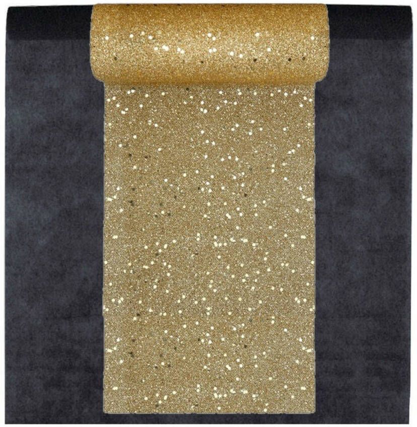 Santex Feest tafelkleed met glitter loper op rol zwart goud 10 meter Feesttafelkleden