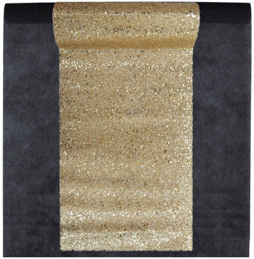 Santex Feest tafelkleed met glitter loper op rol zwart goud 10 meter Feesttafelkleden