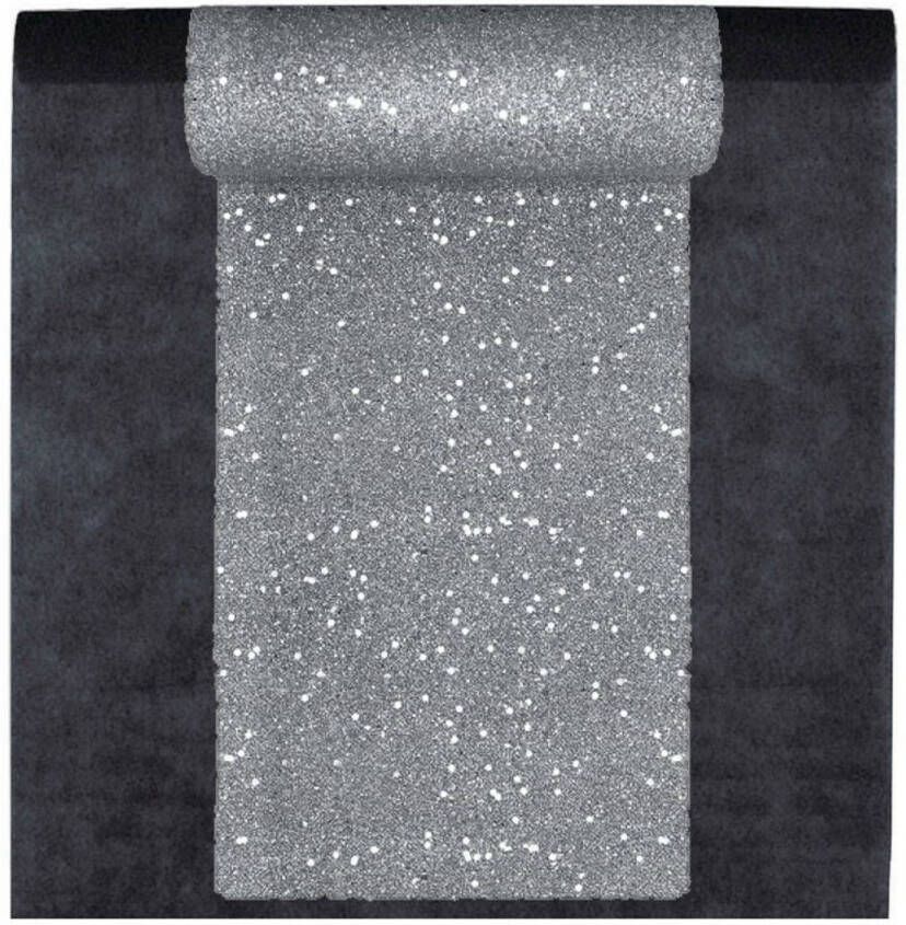 Santex Feest tafelkleed met glitter loper op rol zwart zilver 10 meter Feesttafelkleden