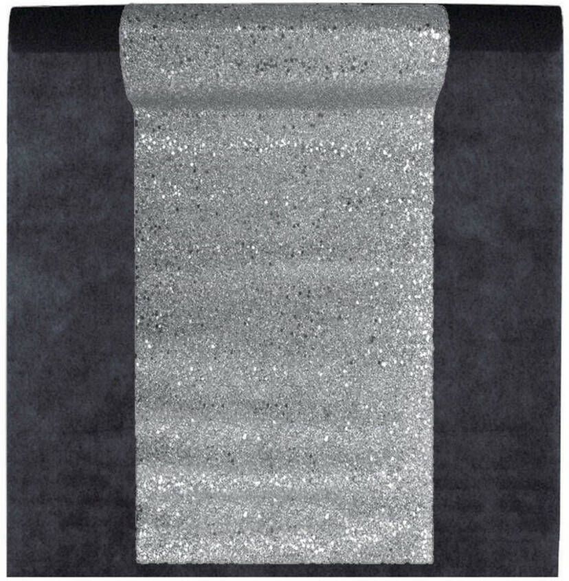 Santex Feest tafelkleed met glitter loper op rol zwart zilver 10 meter Feesttafelkleden
