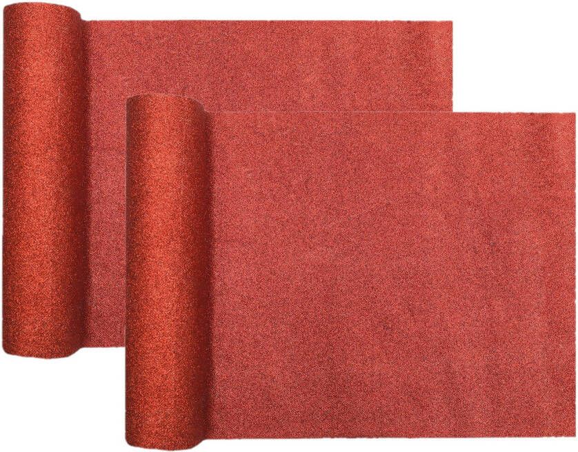Santex Kerst tafelloper op rol 2x rood glitter 28 x 300 cm polyester Tafellakens