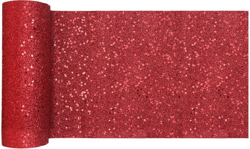 Santex Kerst tafelloper op rol rood glitter 18 x 500 cm polyester Tafellakens