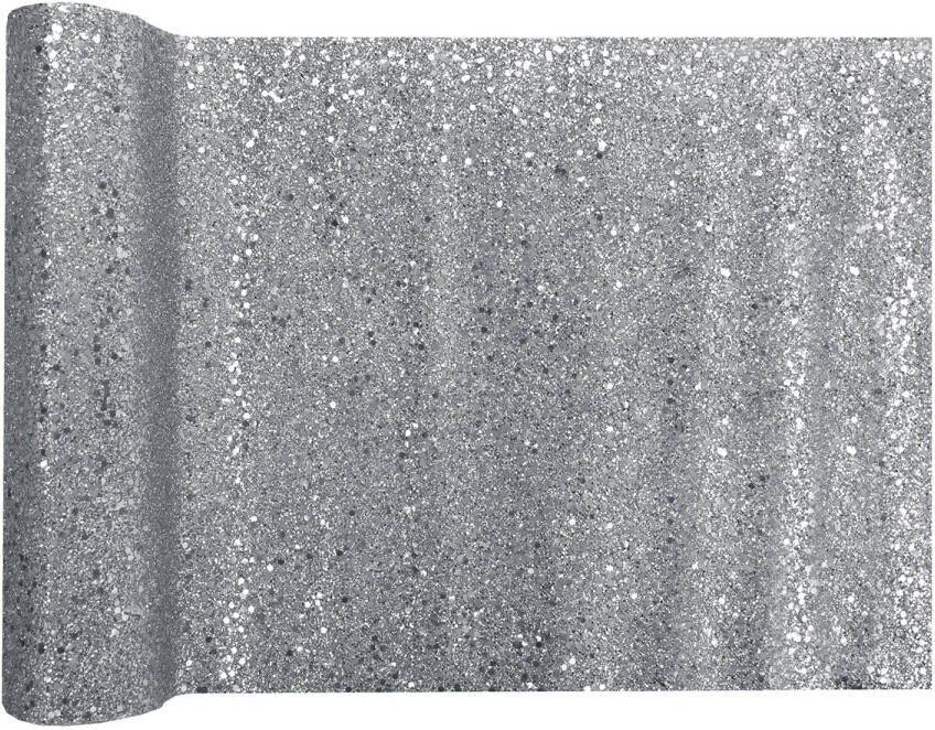 Santex Kerst tafelloper op rol zilver glitter 28 x 300 cm polyester Tafellakens
