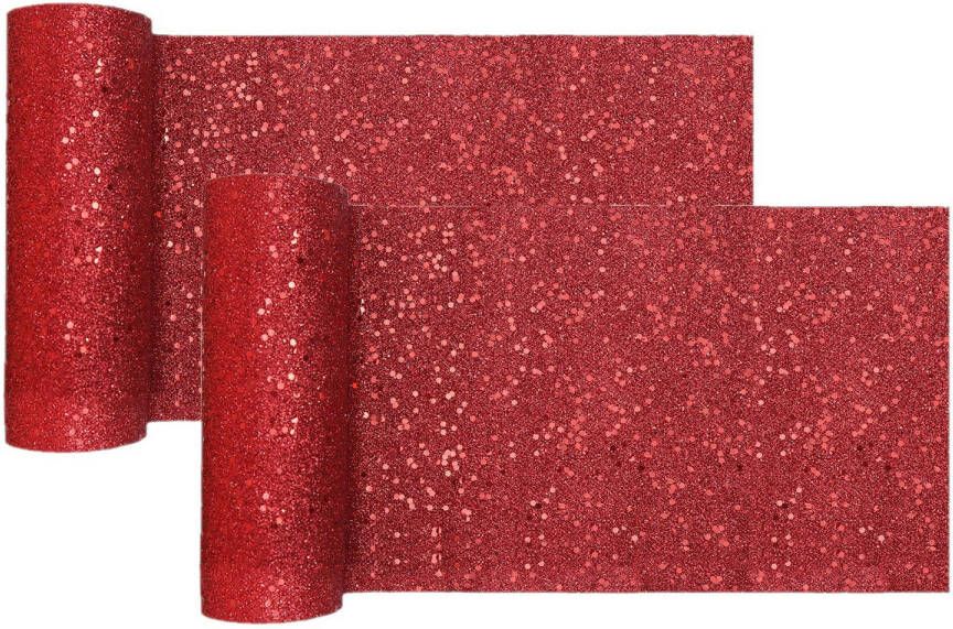 Santex Kerst tafelloper op rol 2x rood glitter 18 x 500 cm polyester Tafellakens