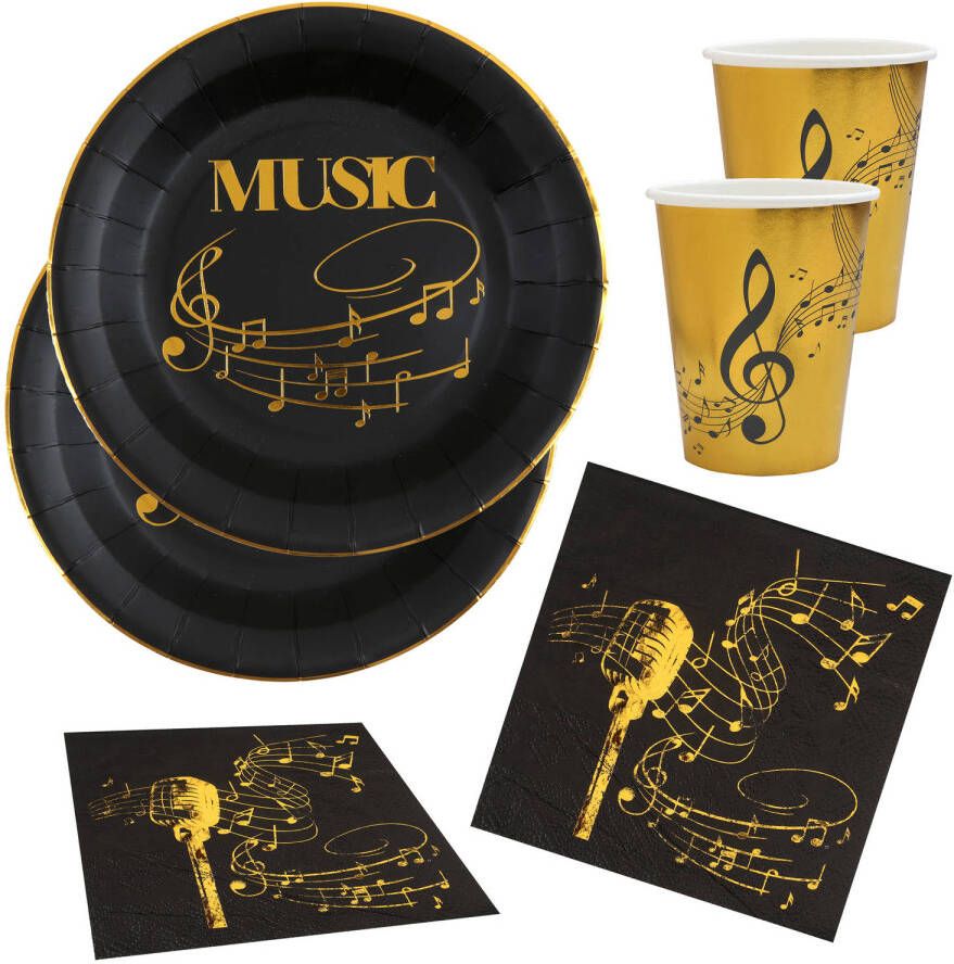 Santex Muziek feest wegwerp servies set 10x bordjes 10x bekers 20x servetten goud zwart Feestpakketten