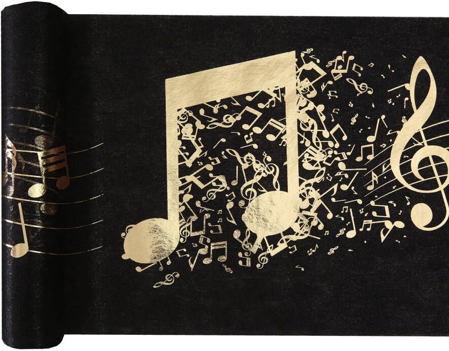 Santex muziek thema tafelloper op rol 5 m x 30 cm zwart goud non woven polyester Feesttafelkleden