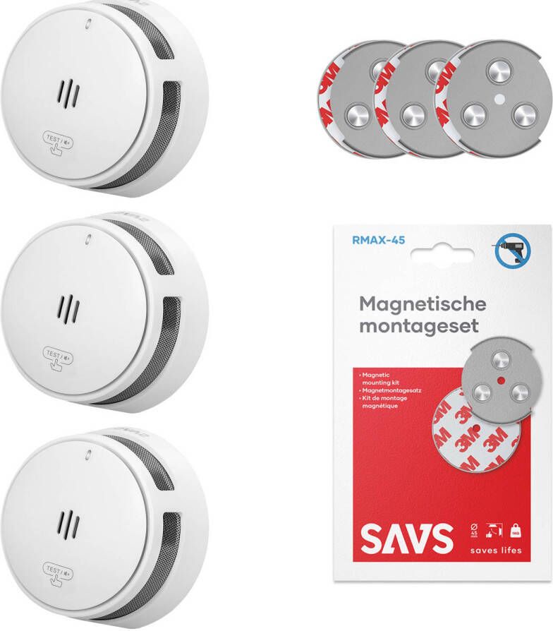 SAVS S10 Rookmelder 3-pack 3 Rookmelders 10 jaar batterij Met magneet montage Compact design Voldoet aan Europese norm Infrarood sensor Brandalarm zonder boren