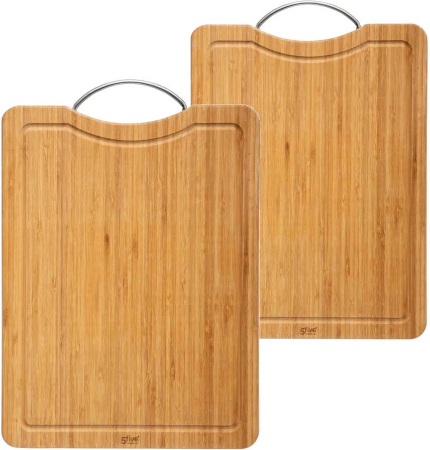Secret de Gourmet Set met 2x formaten snijplanken met metalen handvat van bamboe hout Snijplanken