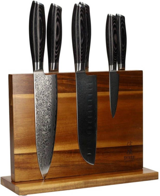 Shinrai Japan Messenset met Blok 6 delig Koksmes Japanse mes Damast Pakka Wood Dubbelzijdige Messenhouder