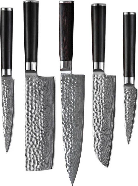 Shinrai Japan Messenset 5 delig Koksmes Japanse Messen Mes Hammered Damascus BR Met Luxe Geschenkdoos