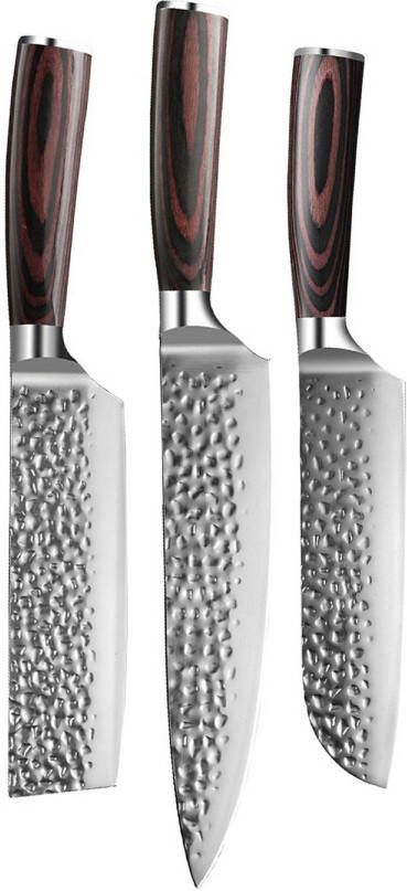 Shinrai Japan Messenset 3 delig Koksmes Japanse Messen Mes Hammered RVS Met Luxe Geschenkdoos