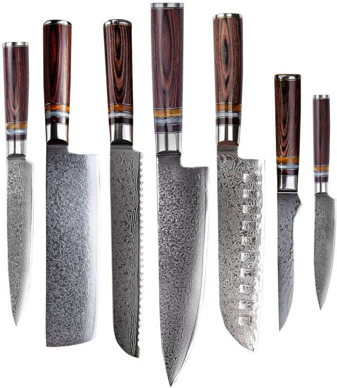 Shinrai Japan Messenset 7 delig Koksmes Japanse Messen Mes Micarta Jewels Damascus Met Luxe Geschenkdoos