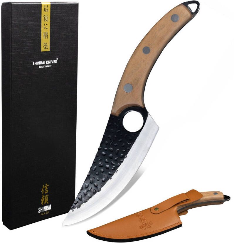 Shinrai Japan Koksmes 15 cm Japans Mes Universeel bruin mes met leren hoes Hammered RVS Met Luxe Geschenkdoos