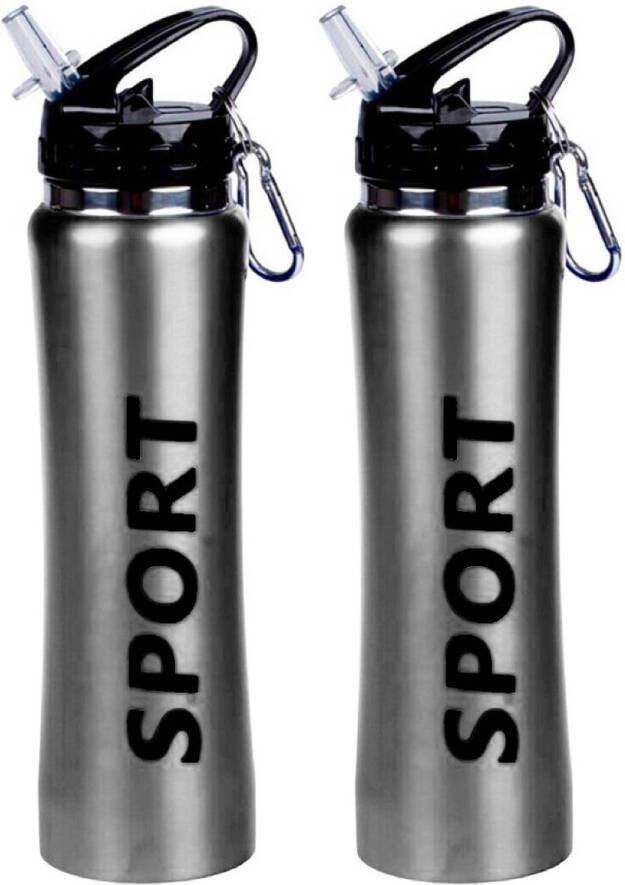 Shoppartners 2x Sport Bidon drinkfles waterfles Sport print zilver 600 Ml Drinkflessen