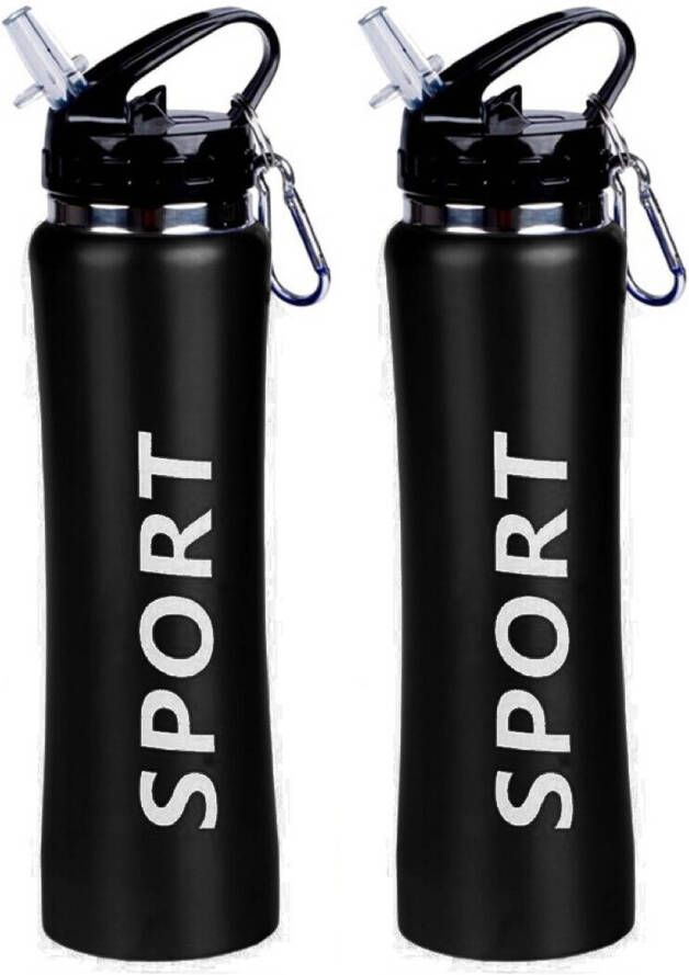 Shoppartners 2x Sport Bidon drinkfles waterfles Sport print zwart 600 Ml Drinkflessen