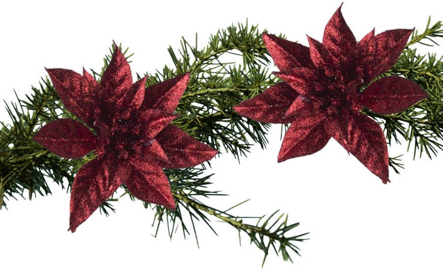 Cosy & Trendy 2x stuks kerstboom decoratie glitter bloemen op clip donkerrood 8 cm Kersthangers