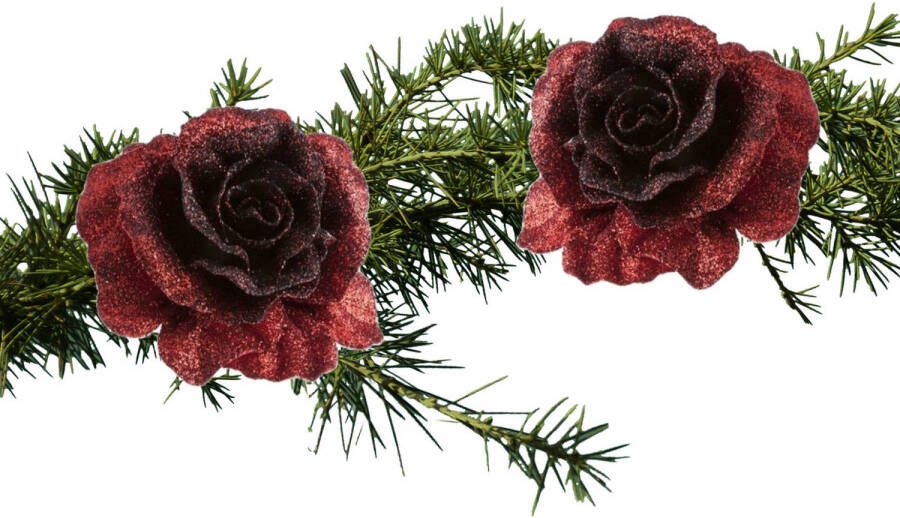 Cosy & Trendy 2x stuks kerstboomversiering bloemen op clip donkerrood glitter 10 cm Kersthangers