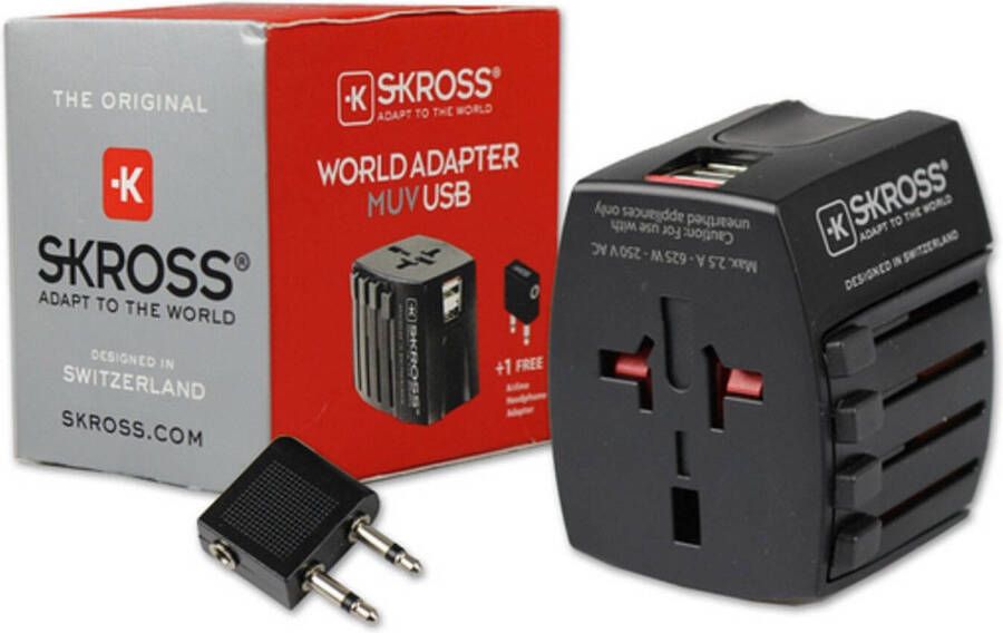 Skross Wereldadapter MUV USB Reisadapter voor 220+ Landen Incl. Vliegtuig Audio Verloop USB Oplader Compact