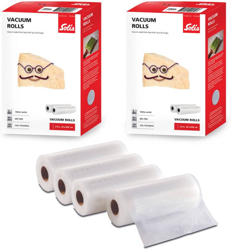 Solis Vacuumrollen 20 x 600 cm Geschikt voor Diepvries Magnetron en Sous Vide Koken BPA-Vrij Drielaags Vacuum Rollen Vacuumfolie Rollen 4 Stuks