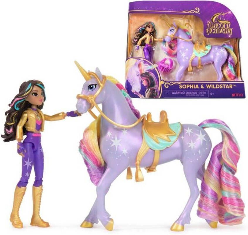 Unicorn Academy – Pop Sophia & Eenhoorn Wildstar met 2 rijaccessoires en borstel Speelfigurenset