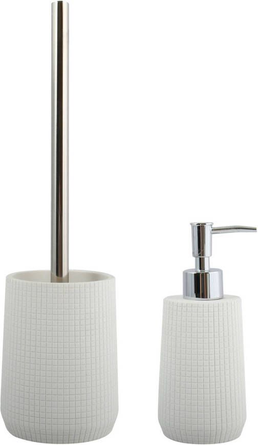 Spirella MSV Toiletborstel in houder 35 cm zeeppompje set Squares Polyresin rvs ivoor wit Badkameraccessoireset