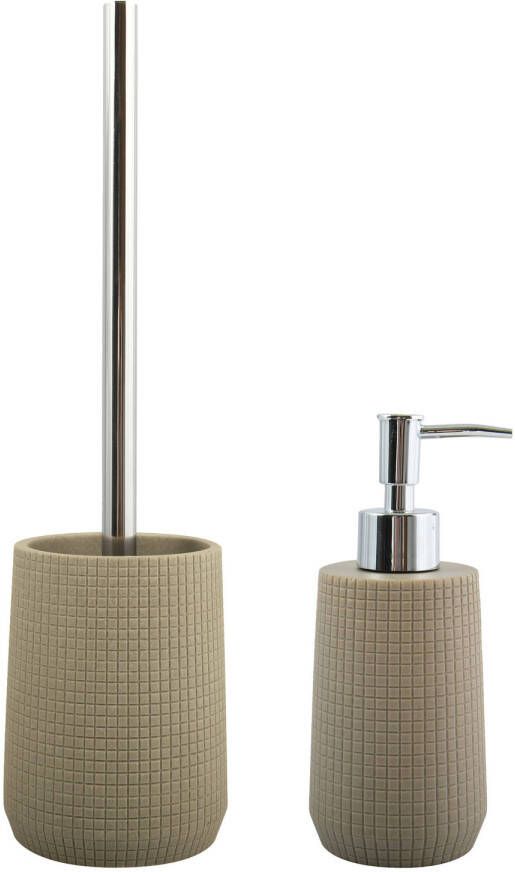 Spirella MSV Toiletborstel in houder 35 cm zeeppompje set Squares Polyresin RVS taupe beige Badkameraccessoireset