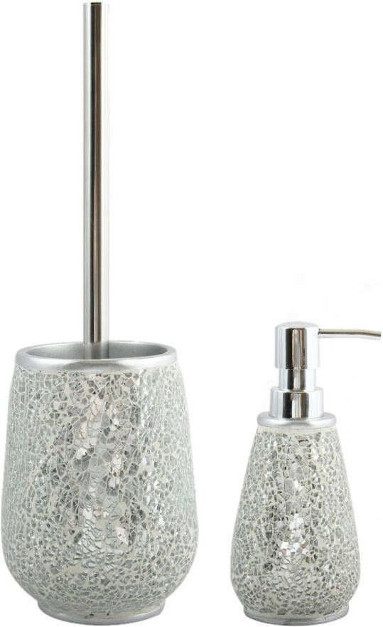 Spirella MSV Toiletborstel in houder 36 cm zeeppompje set Scarlett Polyresin rvs zilver mozaiek Badkameraccessoireset